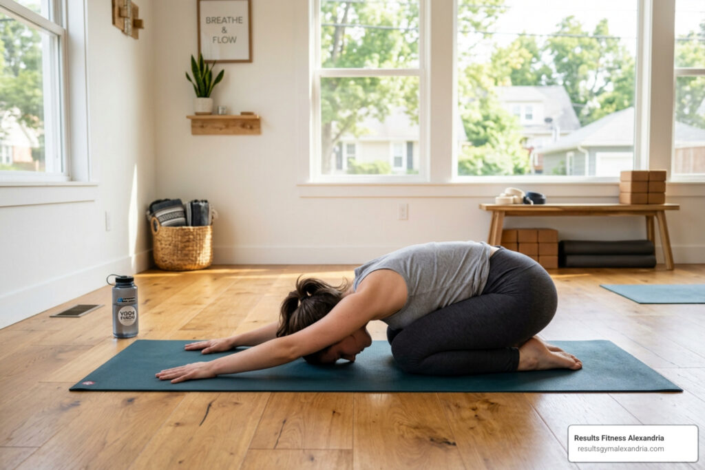 Person doing beginner yoga in a bright studio - beginner yoga for flexibility and strength