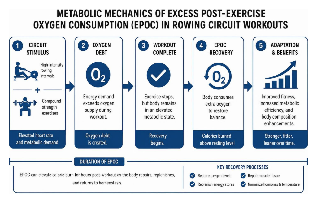 Metabolic mechanics of excess post exercise oxygen consumption EPOC in rowing circuit workouts